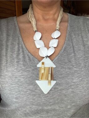 Artisan Mid Century Modern Geometric Statement Necklace w Fiber Cord
